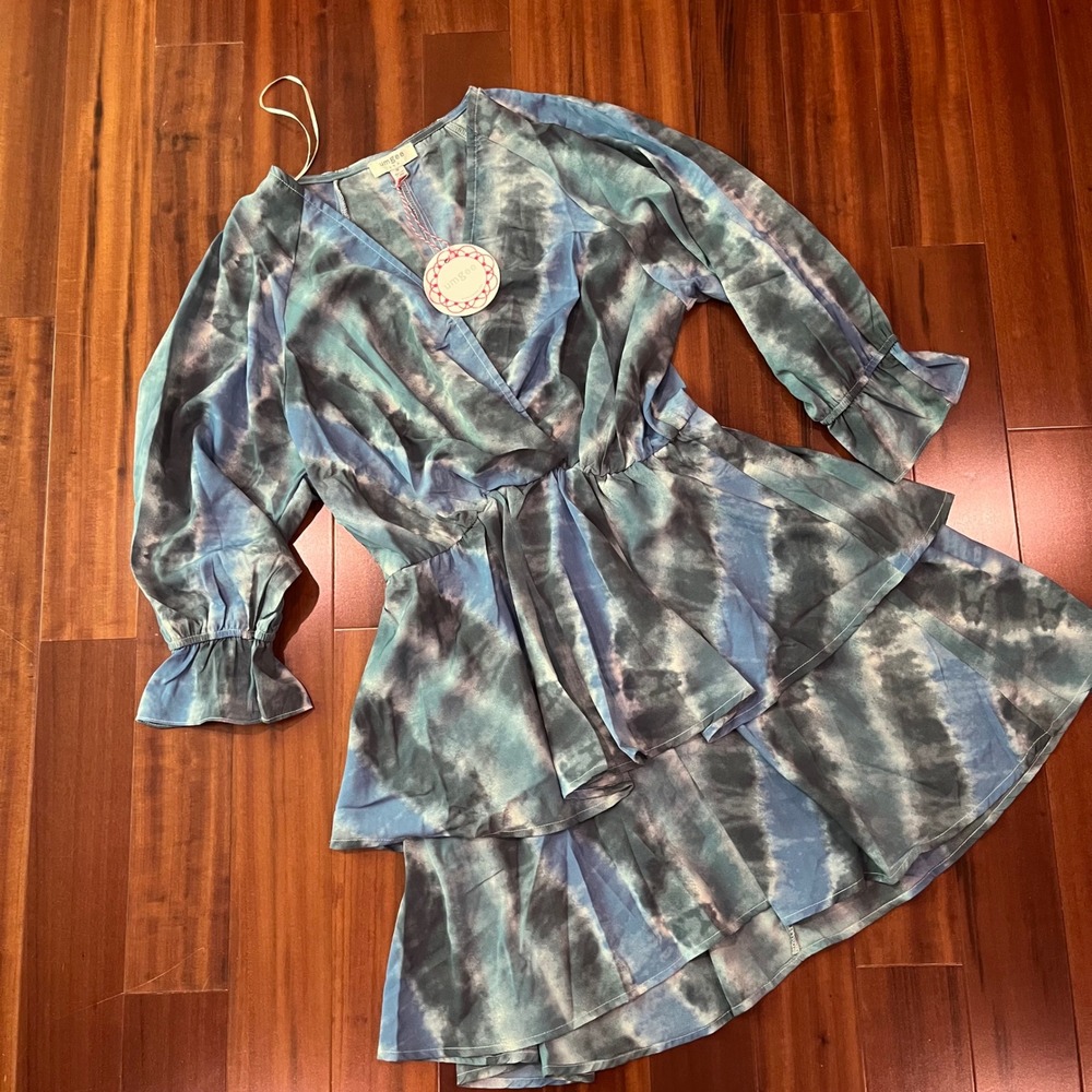 Umgee Blue Dress Tie Dye Tiered Ruffle Mini V-Neck Long Sleeve Lightweight New M
